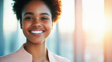Obraz premium Joyful young woman smiling in sunlight urban office portrait