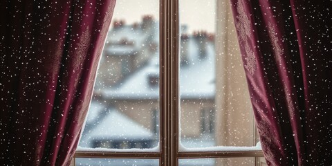A snowy winter scene viewed through a window with burgundy curtains