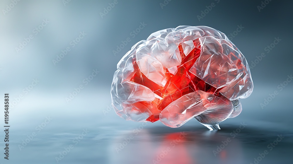 Poster holographic brain fragmenting with vibrant red accents conceptual visualization of the mind s comple