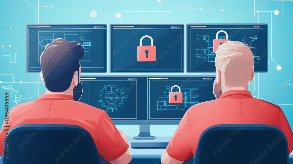 Poster secure data monitoring with professionals analyzing encrypted files on screens