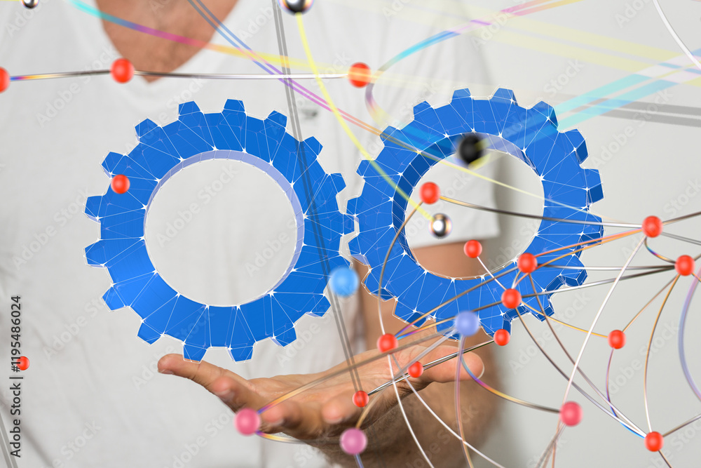 Poster gear system data. Connecting lines and dots.Big data visualization  - 3d