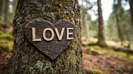 Fototapeta premium A romantic carved heart on a tree trunk in a lush green forest, symbolizing timeless love and nature.
