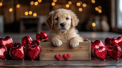 Golden retriever puppy sits in wooden box surrounded by red decorative hearts during a celebration of love