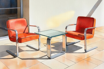 Obraz premium vibrant watercolor illustration of modern dining area featuring retro chairs and glass table, evoking cozy atmosphere