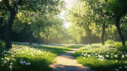 Enchanting pathway through a sunlit orchard in blooming spring landscape
