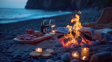 Romantic evening beach picnic with fire, food, and wine by the ocean at sunset