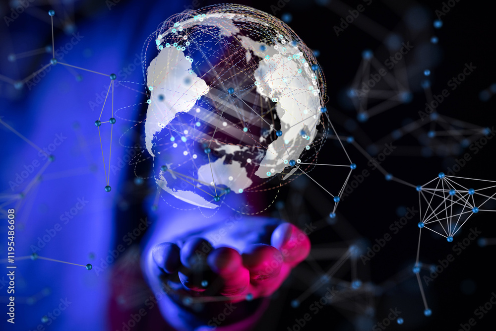 Poster world Global network. Blockchain. 3D illustration. Neural networks and artificial intelligence. Abstract
