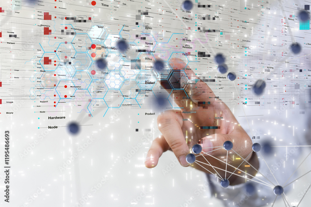 Poster Neural network 3D illustration. Big data and cybersecurity