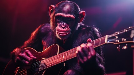 Obraz premium Chimpanzee playing acoustic guitar under stage lights - conceptual music photography