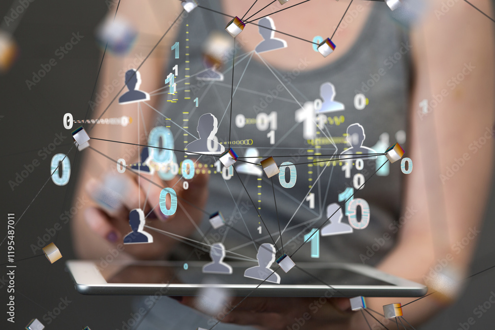 Poster Global network. Blockchain. 3D illustration. Neural networks and artificial intelligence. Abstract  3d