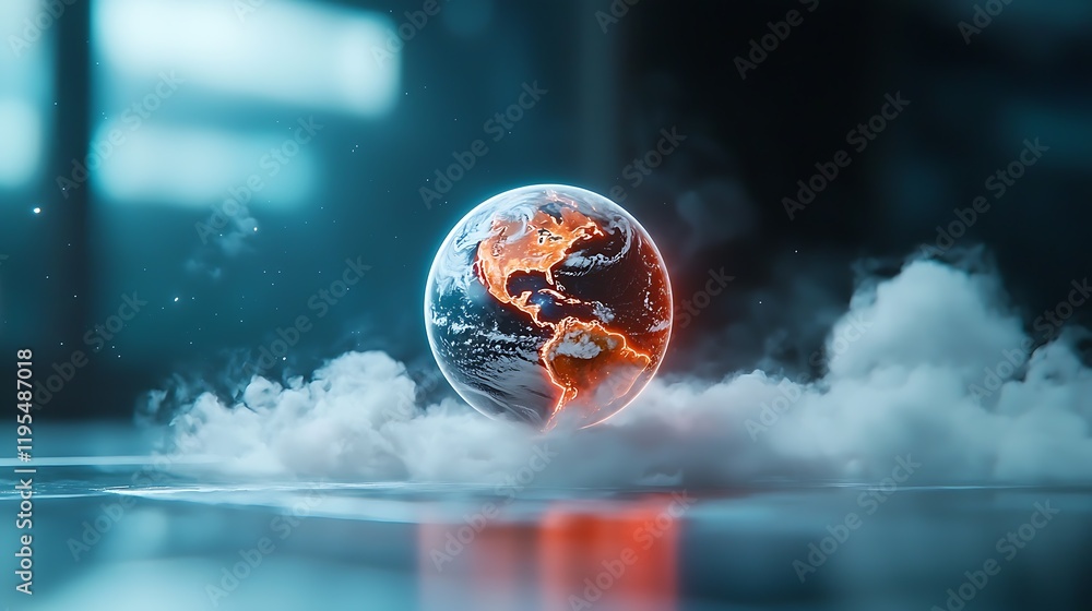 Poster holographic earth globe connected to swirling cloud data streams representing the interconnected dig