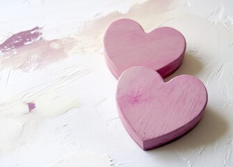 Fototapeta premium Two pink wooden hearts on a white background, painted with oil paints in a romantic style, perfect for a Valentine's Day concept. Ideal for heartfelt designs and decorations