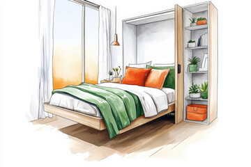cozy tiny house bedroom featuring Murphy bed, green and orange accents, and plants. Perfect for maximizing space and comfort
