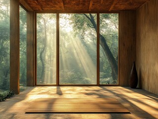 Serene Meditation Space in Rustic Indian Ashram with Sunlit Forest View