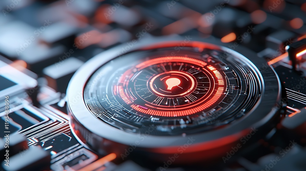 Poster holographic security badge cracking and glitching under cyberattack on a dark futuristic digital bac