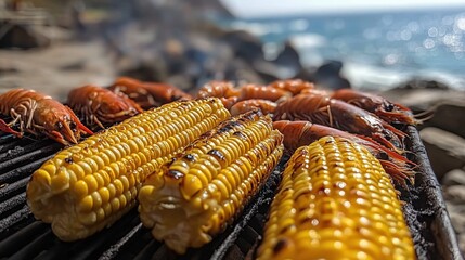 Enjoying a seaside barbecue with grilled corn and shrimp on coastal rocks during a sunny day