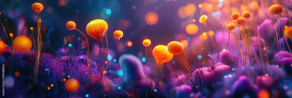 Leinwandbilder exploring a vibrant microscopic ecosystem filled with friendly microbes and colorful fungi. generati