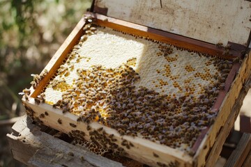 Honeybees working diligently on honeycomb frame