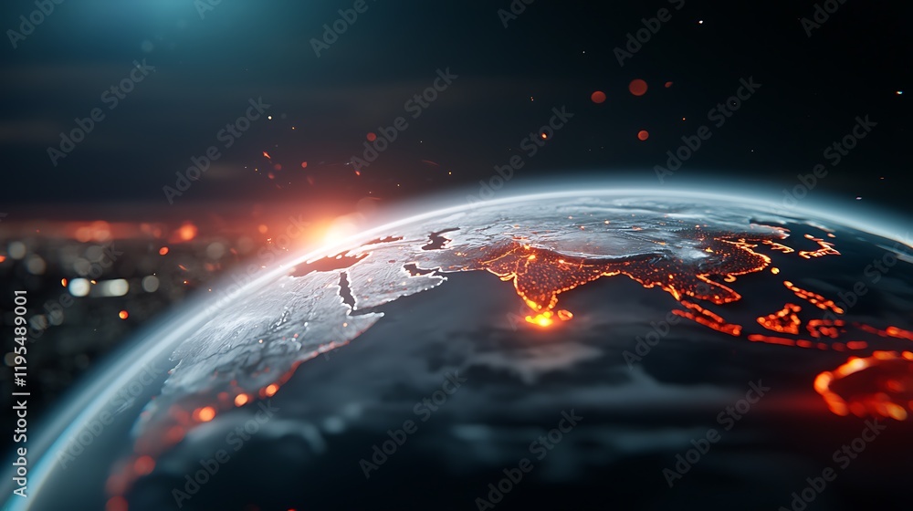 Poster holographic visualization of a world map displaying breach hotspots and cybersecurity threats glowin