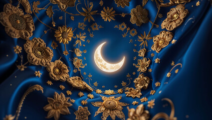 Glowing crescent moon with golden floral patterns on a deep blue background