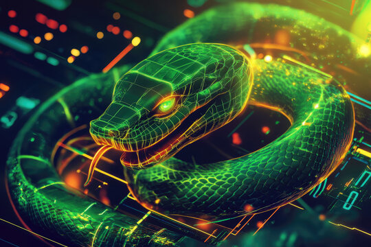 Futuristic glowing green snake, intricately designed with neon cyber elements. Snake coils on high-tech digital background, blending nature and technology in sci-fi aesthetic. Chinese New Year design