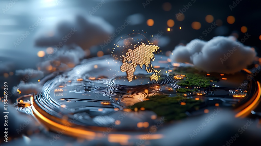 Poster holographic world map displaying cloud connected global media and data technology futuristic digital