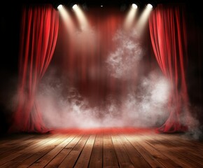 Stage setup with red curtains and dramatic lighting creating a captivating atmosphere for a performance