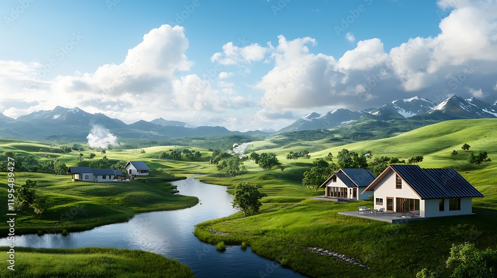 Wall mural Idyllic countryside landscape with a peaceful rural village powered by eco friendly geothermal energy  Scenic panoramic view of lush green fields mountains