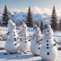A group of snowmen standing together in a winter landscape, looking happy and content , winter scene, winter wonderland, snowy friends