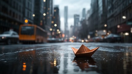 Obraz premium Paper boat floats in rainy city street reflecting lights