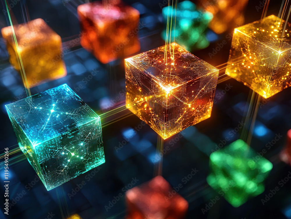 Poster vibrant blockchain visualization featuring interconnected glowing cubes in an infinite digital lands