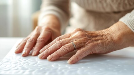 Elderly hands touching textured surface signify aging and tactile experience. Stimulating sensory activities for senior with dementia or Alzheimer's