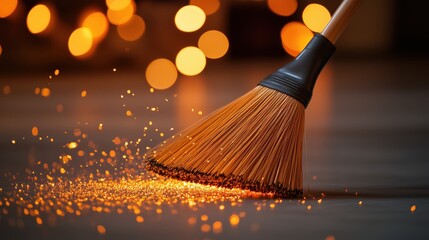 Sweeping glitter off a wooden floor with soft bristles during a cozy evening gathering