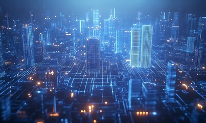 A futuristic visualization with blue and white lines forming complex patterns over a city