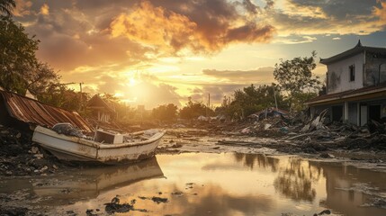 Fototapeta premium Aftermath of a Disaster: A Boat Rests Amidst Debris Under a Sunset Sky