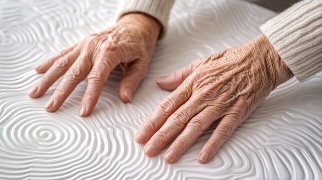 Elderly hands on textured white surface highlighting the beauty of aging and tactile exploration. Stimulating sensory activities for senior with dementia or Alzheimer's
