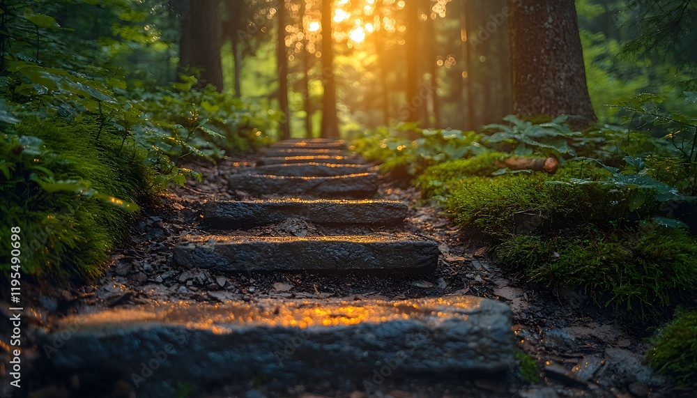 Aufkleber serene pathway through lush forest with sunlight filtering through trees, illuminating the stone ste