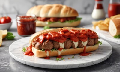 A juicy meatball sub sandwich sliced in half on a marble table with a side of marinara sauce, meatball, meatball sub, Italian food