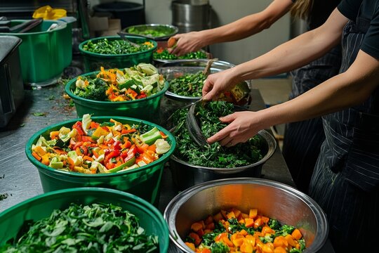 Diverse Hands Sorting Vibrant Spring Vegetables in Eco-Friendly Kitchen for Composting and Sustainability - Powered by Adobe