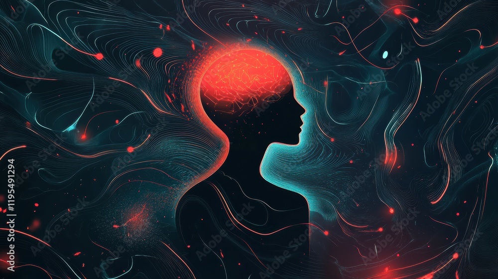 Poster Surreal representation of a person with a glowing brain surrounded by swirling abstract forms at night. Generative AI