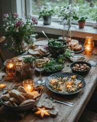 Mystical Spring Dining Table with Star-Shaped Herb Garnishes and Candlelit Ambiance