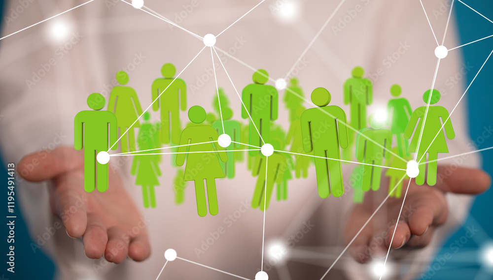 Poster Global network. Blockchain. 3D illustration. Neural networks and artificial intelligence. Abstract