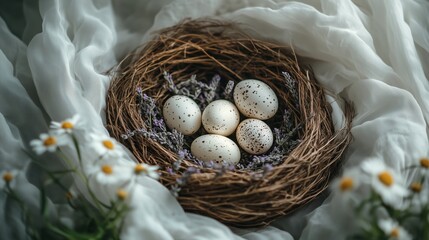 Obraz premium Nest with speckled eggs surrounded by delicate flowers and soft fabric in natural light