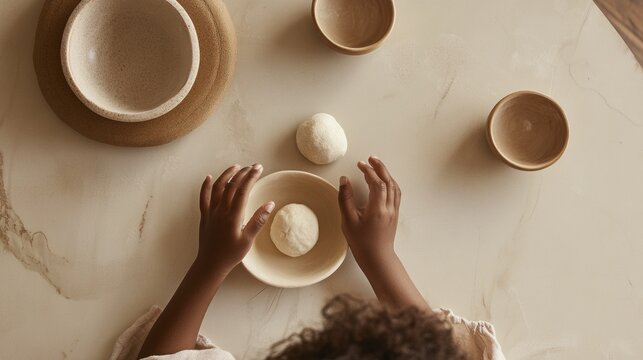 Child engaging in bread making activity at home. Sensory activities for kids