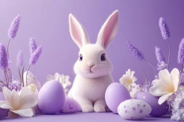 Cute white bunny surrounded by pastel eggs and flowers in a spring-themed setting