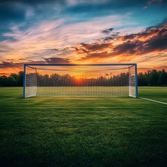 Fototapeta premium Dramatic sunset over soccer field with large goal net as backdrop