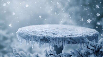Wooden table in snow background
