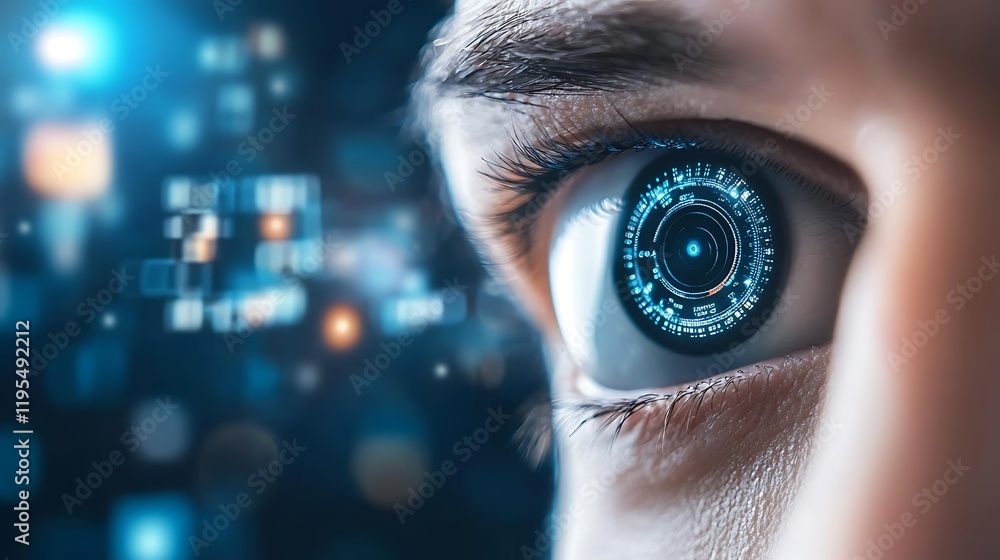 Poster malfunctioning ai powered biometric surveillance system overridden by glitch displaying distorted di