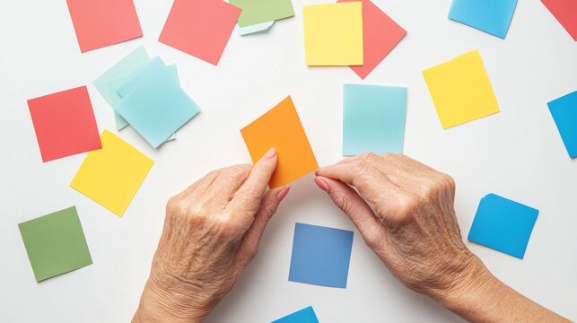 Creative memory exercise for seniors with colorful cards for brain stimulation. Stimulating sensory activities for senior with dementia or Alzheimer's
