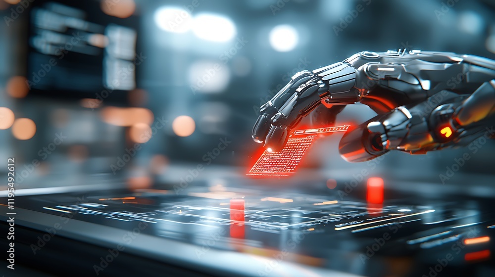 Poster malfunctioning futuristic fingerprint scanner with glowing neon lights in a dark industrial high tec